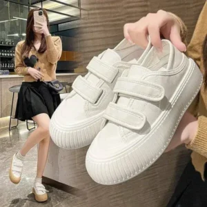 Jarryclub Women Fashion Round Toe Thick Sole Velcro Pu Sneakers