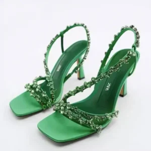 Jarryclub Women Fashion Plus Size Sexy Rhinestone Strap Square Toe Heeled Sandals