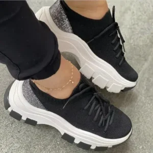 Jarryclub Wedge Heel Flying Woven Colorblock Lace-Up Sneakers Large Size Casual Low Top Women Shoes