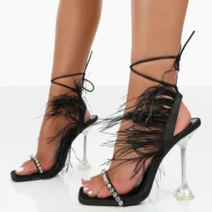 Jarryclub Women Fashion Sexy Rhinestone Feather Decorative Solid Color High Heel Sandals Shoes