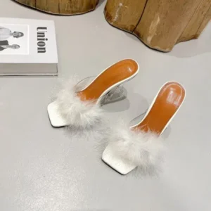 Jarryclub Women Fashion Sexy Feather Decoration Solid Color Chunky High Heel Slippers Shoes