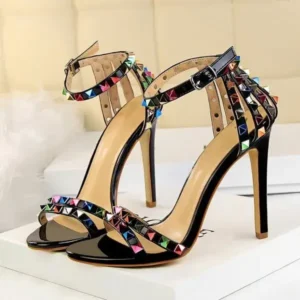 Jarryclub Fashion Women Sexy 11cm High Heels Rivets Studded Sandals Ankle Buckle Strap Stiletto Shoes