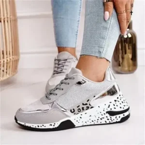 Jarryclub Women Fashion Casual Leopard Print Color Matching Lace-Up Platform Sneakers