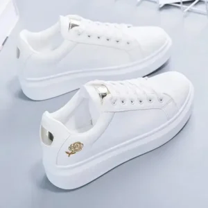 Jarryclub Women Casual Fashion Rose Embroidery Thick-Soled Comfortable PU Leather White Sneakers