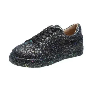 Jarryclub Women Creative Casual Sequined Solid Color Lace-Up Low-Top Flat Sneakers