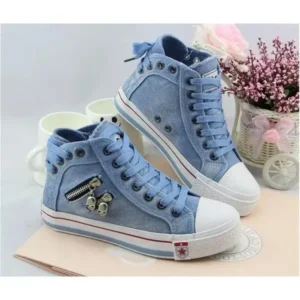 Jarryclub Women Casual Spring Zipper Decor Lace-Up High Top Denim Canvas Sneakers