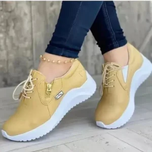 Jarryclub Women Casual Round Toe Low Cut Lace-Up PU Side Zipper Design Solid Color Sneakers