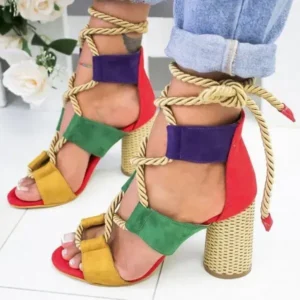 Jarryclub Women Fashion Sexy Cross Hollow Lace Up Design Color Blocking High Heel Sandals Shoes