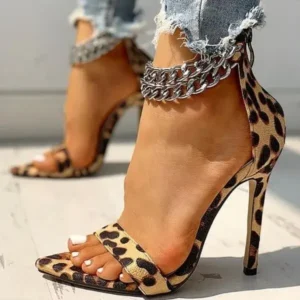 Jarryclub Women Sexy Metal Chain Buckle Ankle Strap Animal Printed High Heels