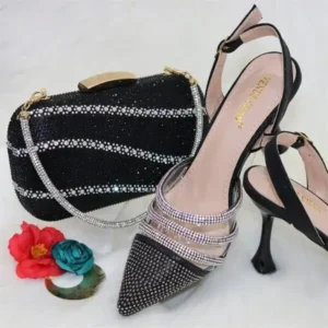 Jarryclub Women Classic Black Pointed Shoes Transparent Pvc Rhinestone Chain Square Hand Bag Set