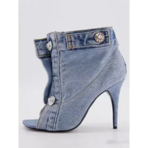 Jarryclub Women Fashion High Heel Denim Button High Top Boots