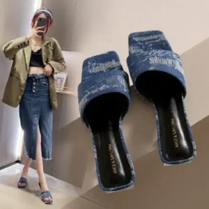 Jarryclub Women Fashion Casual PU Denim Square Toe Chunky Heel Slippers