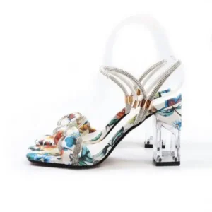 Jarryclub Women Fashion Sexy PU Rhinestone Floral Printed Square Toe Chunky Heel ?Sandals