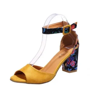 Jarryclub Women Fashion Sexy PU Floral Printed Peep Toe Chunky Heel Ankle Strap Buckle Sandals