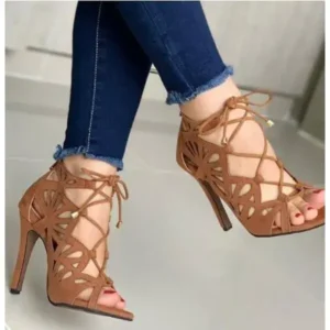 Jarryclub Women Fashion Sexy Solid Color Hollow Peep Toe Stiletto Heel Bandage Sandals