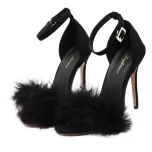 Jarryclub Women Fashion Sexy PU Solid Color Feather Peep Toe Stiletto Heel Ankle Strap Buckle Sandals