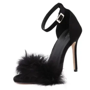 Jarryclub Women Fashion Sexy Solid Color Feather Peep Toe Stiletto Heel Ankle Strap Buckle Sandals