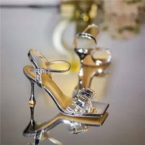 Jarryclub Women Fashion Sexy PU Rhinestone Square Toe Ankle Strap Buckle Stiletto Heel Sandals