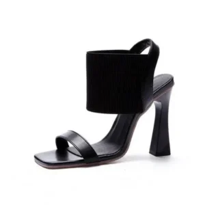 Jarryclub Women Fashion Elegant Solid ColorPU Square Toe Chunky Heel Elastic Sandals