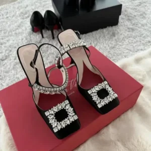 Jarryclub Women Fashion Elegant PU Square Toe Rhinestone Stiletto Heel Ankle Strap Buckle Sandals