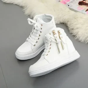 Jarryclub Women Fashion Solid Color Side Zipper Lace-Up Round Head Thick-Soled Sneakers