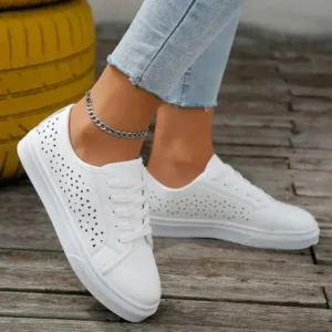 Jarryclub Women Fashion Solid Color Plus Size Hollow Lace-Up Round-Toe Sneakers