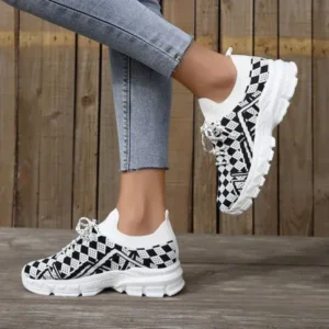 Jarryclub Summer Women Fashion Casual Geometric Print Fly-Woven Lace-Up Sneakers