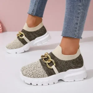 Jarryclub Women Fashion Color Block Metal Chain Thick-Soled Breathable Fly-Woven Sneakers