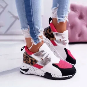 Jarryclub Women Casual Leopard Printed Patchwork Lace Up Sneakers