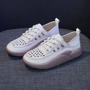 Jarryclub Women Fashion Casual Solid Color PU Lace-Up Hollow Breathable Sneakers