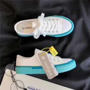 Jarryclub Women Fashion Cream Blue Canvas Lace-Up Sneakers