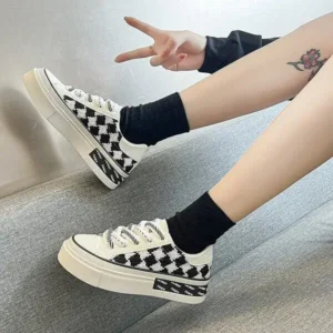 Jarryclub Women Fashion Platform Checkerboard Canvas Sneakers