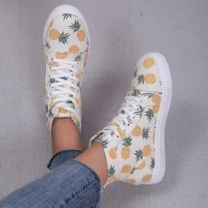 Jarryclub Women Fashion Round Toe Lace-Up Pineapple Strawberry Flat Sneakers