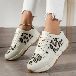 Jarryclub Women Fashion Round Toe Stitching Lace Up Low Top Leopard Sports Sneakers